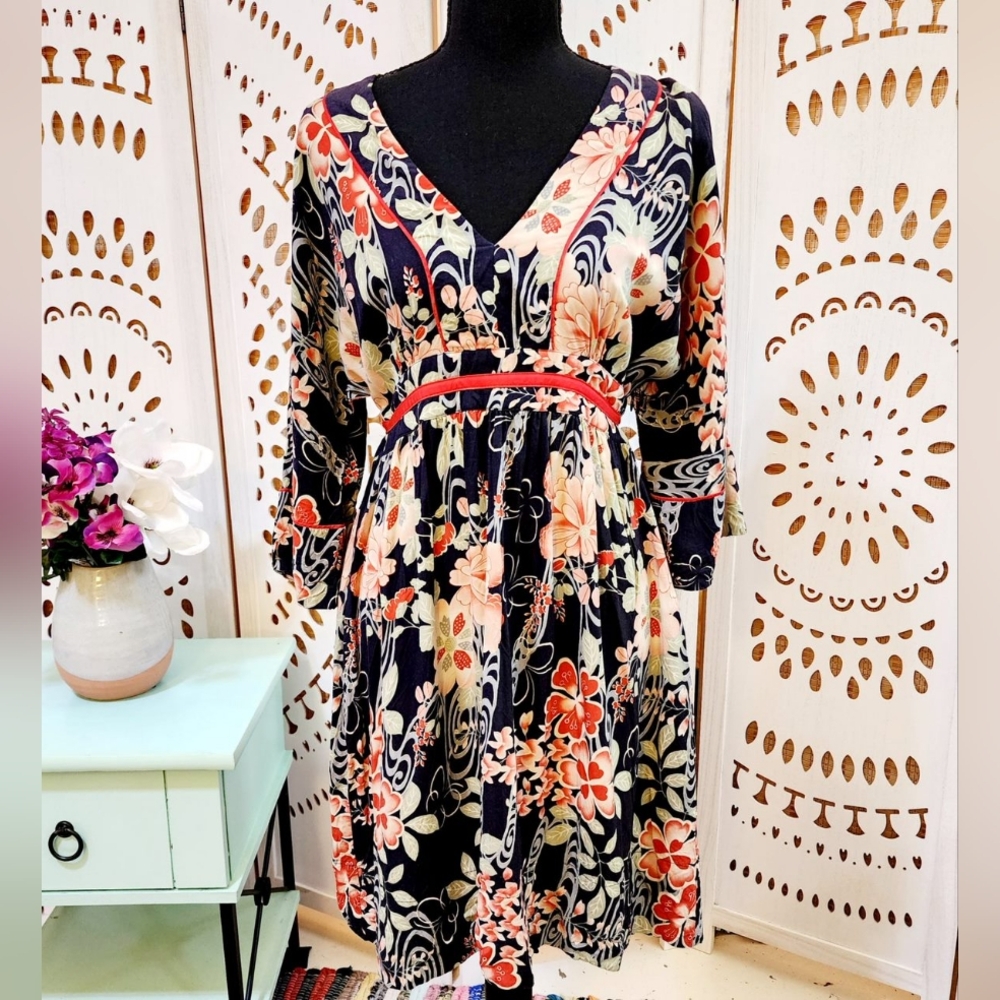 Lucky Brand 3/4 Sleeve Funky Floral Tie Waist Dress with Red Trim Size S